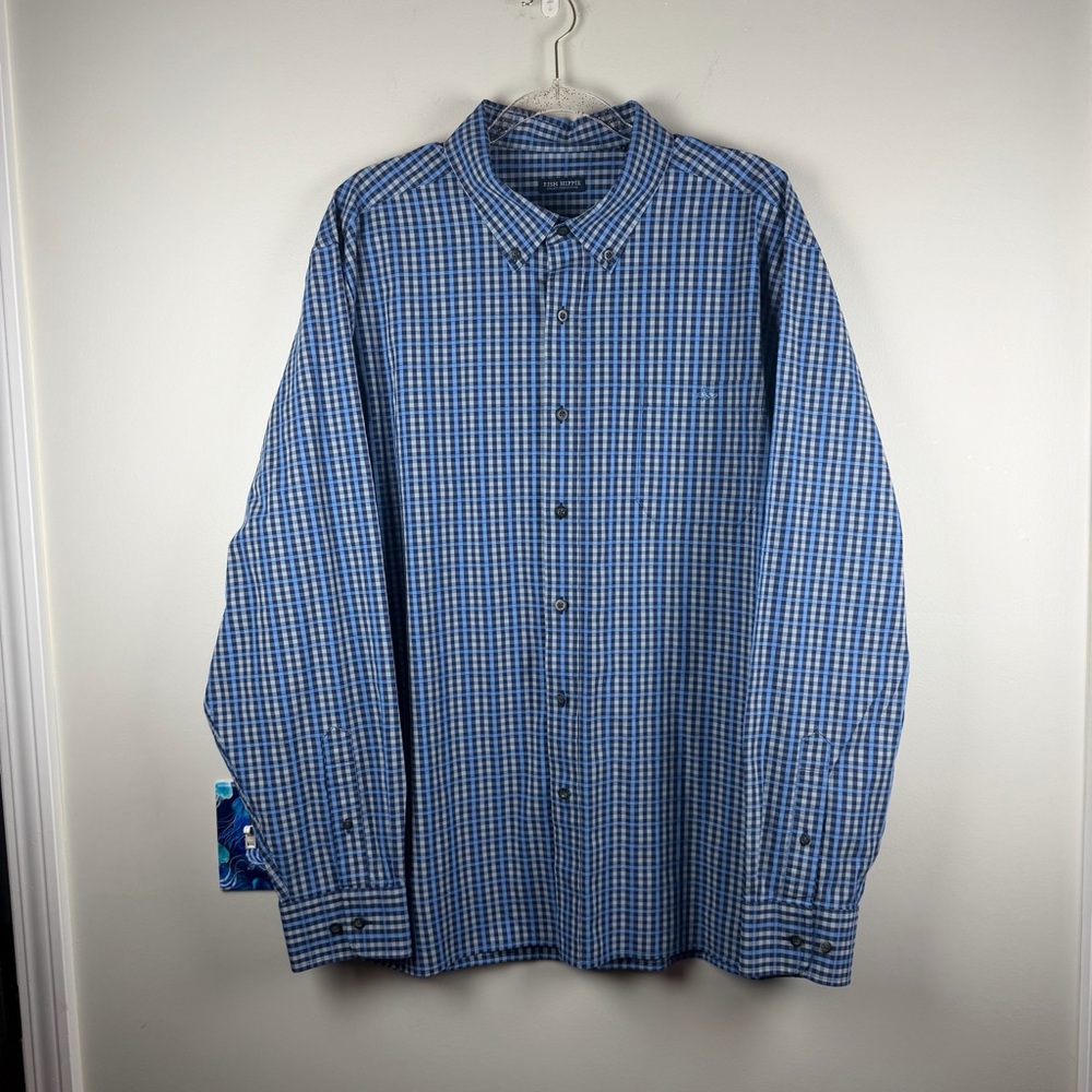 Fish Hippie Plaid Blue Gray Checkered Button Down L/S Shirt Size 2XL Preppy